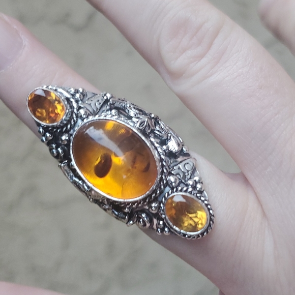 New Baltic Amber & Citrine 925 Silver Butterfly Statement Ring. - Picture 3 of 13